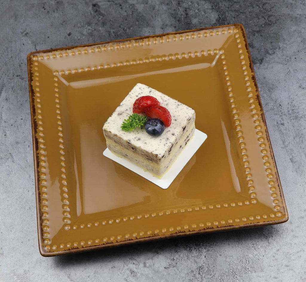 Stylish and Elegant 16 Piece Square Beaded Stoneware Dinnerware set Service for Hosting Parties and Events - Mocha, 16 Piece, Square Beaded