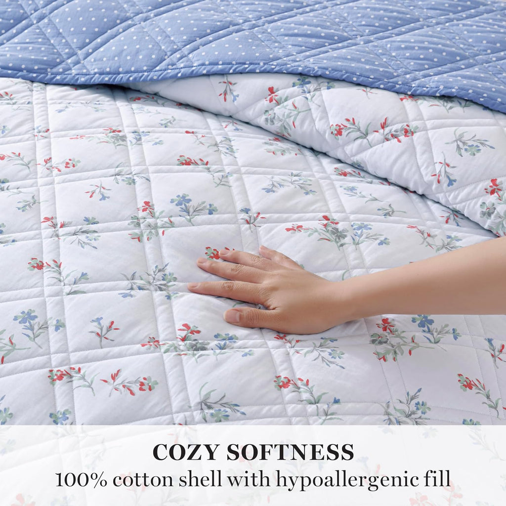Martha Stewart 100% Cotton 3 Piece Reversible Quilt Set, Washed, Percale, Light Blue/White, 1 Quilt, 2 King Shams, Soft and Breathable, Lightweight, Ditsy Floral Printed Bedspread, King Size