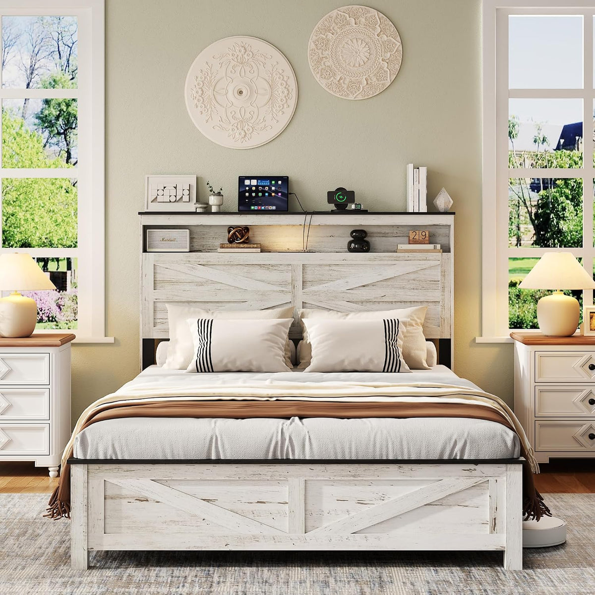 Farmhouse Full Size Bed Frame with Headboard Storage, Wood Platform Bed Frame with LED Lights & Charging Station, No Box Spring Needed, Noise-Free Sturdy Structure, Rustic White