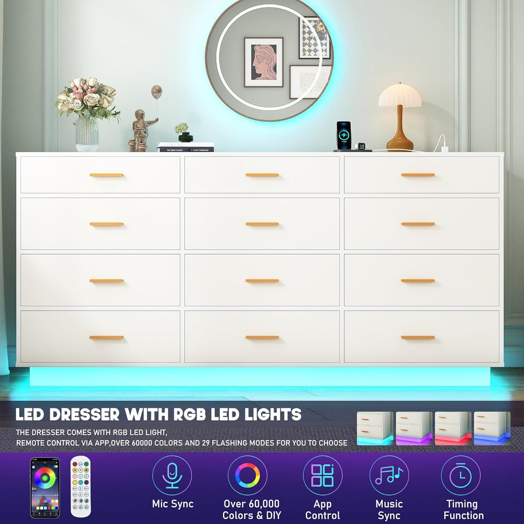 chartustriable White 12 Drawers Dresser w/Power Outlet,60000-Colors Lights for Kids Bedroom,Modern 63In Long Dresser for Closet,Wooden Tall Dressers w/Large Storage for Entryway,Hallway