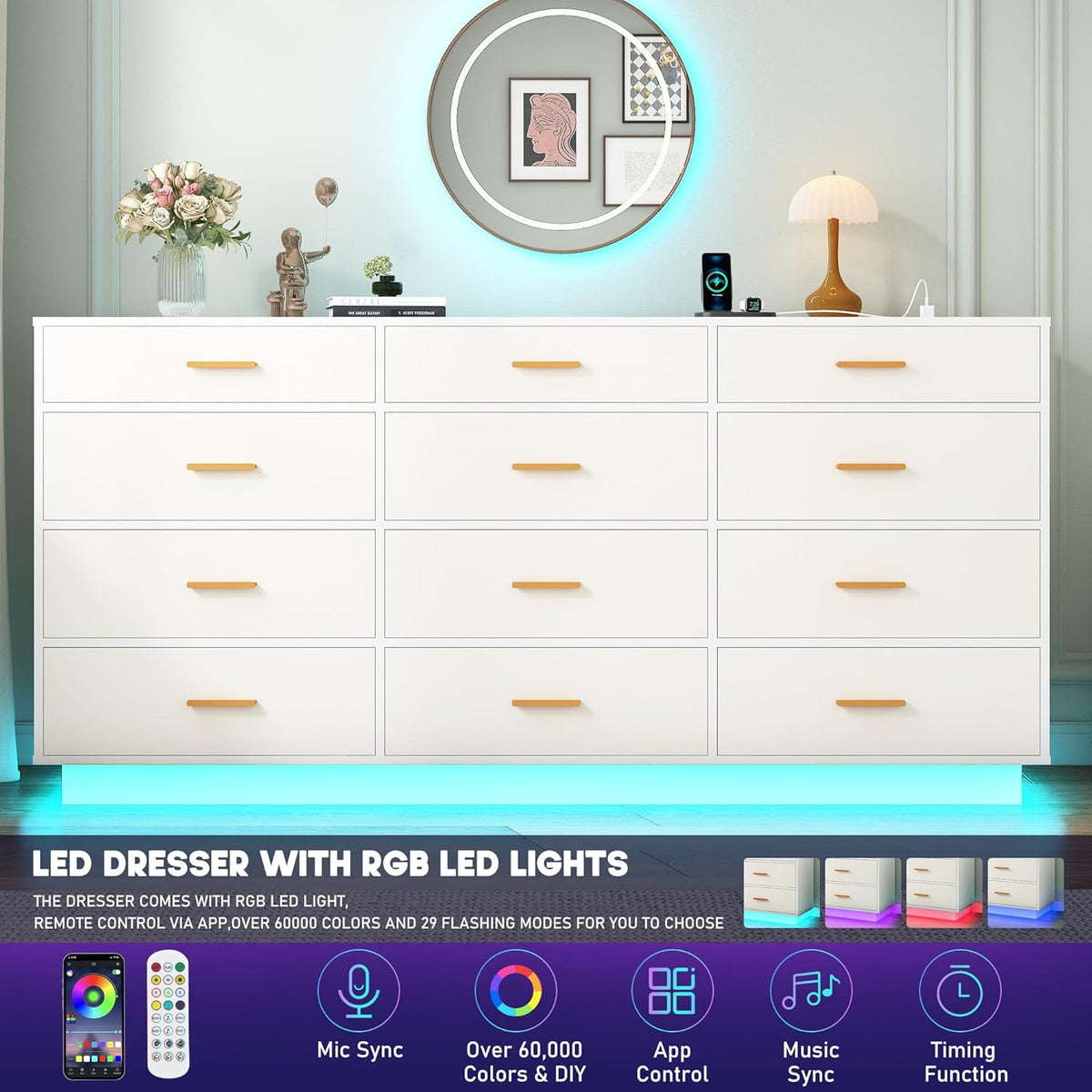 chartustriable White 12 Drawers Dresser w/Power Outlet,60000-Colors Lights for Kids Bedroom,Modern 63In Long Dresser for Closet,Wooden Tall Dressers w/Large Storage for Entryway,Hallway