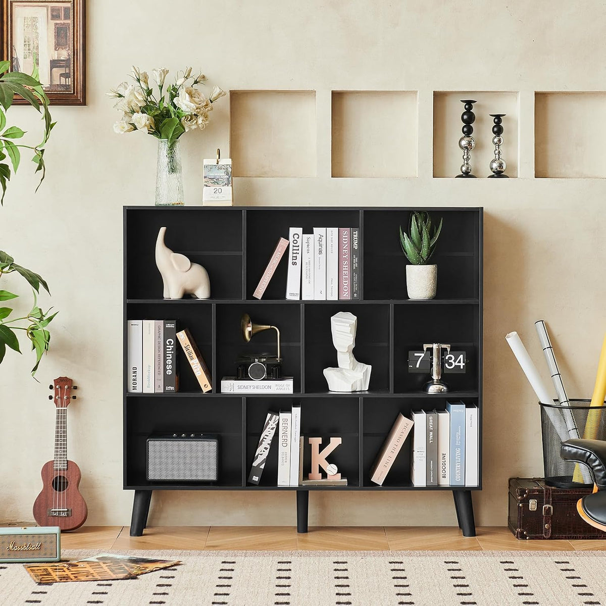 LEYAOYAO 10 Cube Bookshelf,3 Tier Modern Wide Bookcase with Legs,Mid-Century Wood Bookshelves Storage，Black Large Book Case,Freestanding Organizer Display Shelf for Bedroom,Living Room,Office