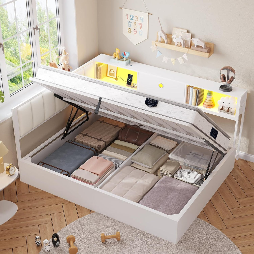 DICTAC Corner Full Bed Frame with Hydraulic Storage,Charging Station & Led Lights Corner Lift up Bed with Storage Drawers & Upholstered Headboard & Bookcase,Full Size Daybed for Teen/Adult,White