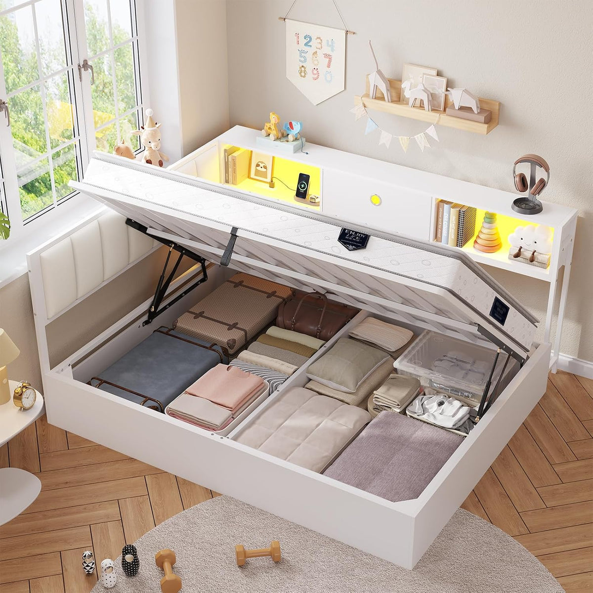 DICTAC Corner Full Bed Frame with Hydraulic Storage,Charging Station & Led Lights Corner Lift up Bed with Storage Drawers & Upholstered Headboard & Bookcase,Full Size Daybed for Teen/Adult,White