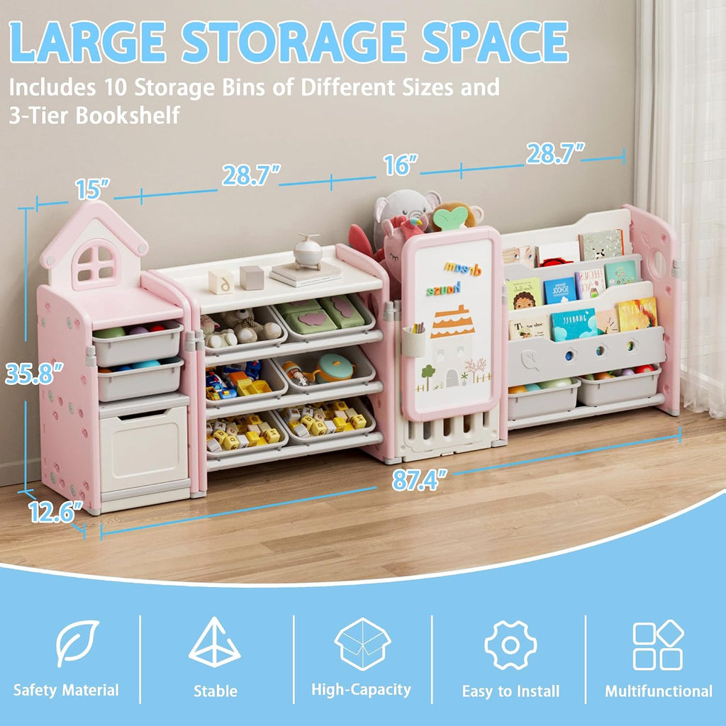 DEYGIA Foldable Kids Toy Storage Organizer with 10 Removable Bins and 3-Tier Bookshelf, 4 in 1 Multifunctional Large Toy Organizer with Drawing Board for Kid Bedroom Playroom Living Room, Light Pink