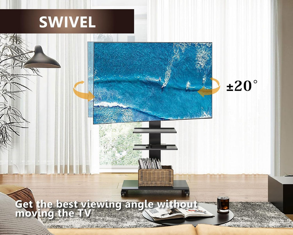 FITUEYES Rolling TV Stand for 32-75 Inch TVs - Height Adjustable Portable TV Stand on Wheels, 20 Degree Left/Right Swivel and 90 Degree Vertical and Horizontal Rotation up to 88lbs