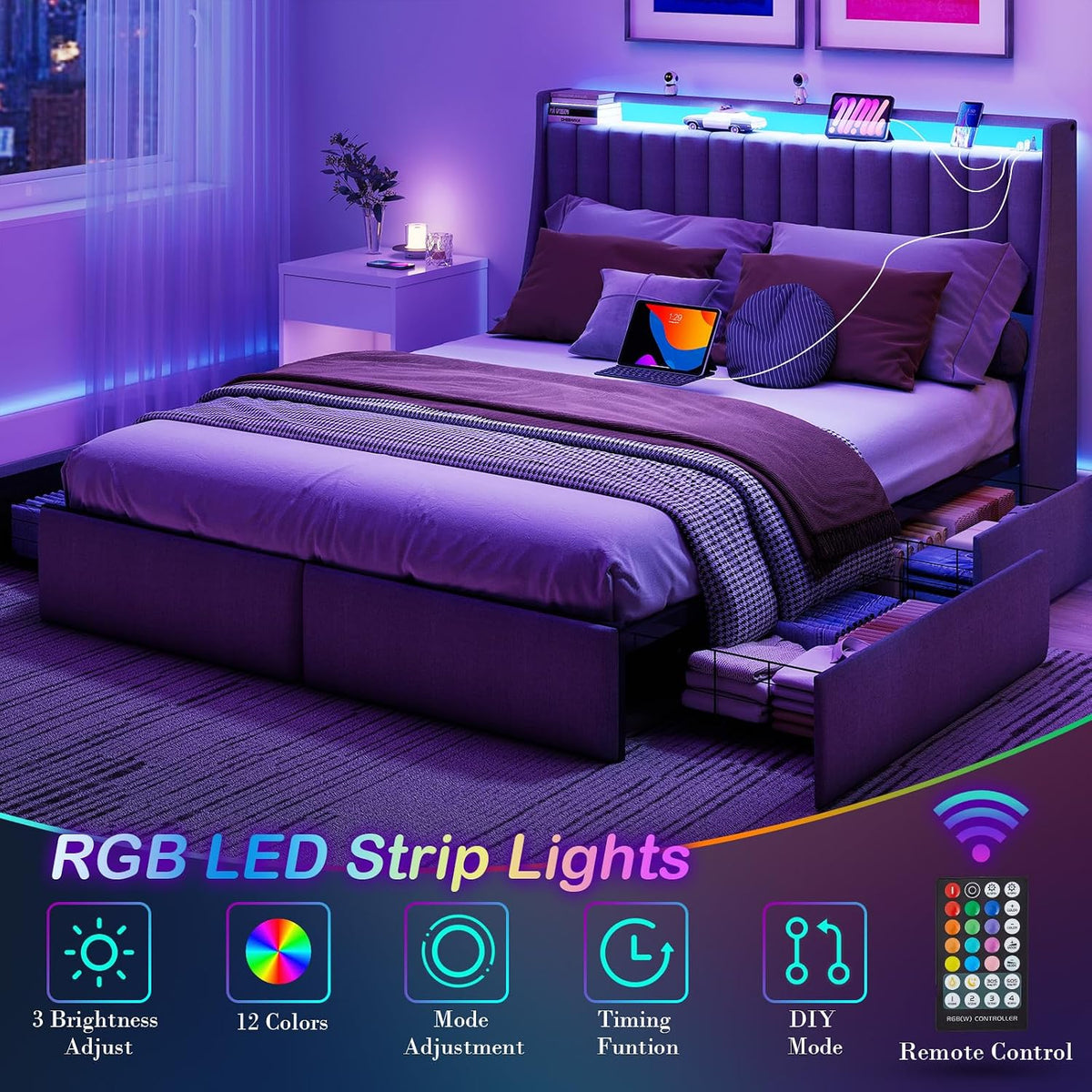 Doltoro Queen Size Bed Frame with Headboard and 4 Storage Drawers, Upholstered Wingback Metal Platform Bed with LED Lights and Charging Station, No Box Spring Needed, Noise Free, Easy Assembly, Gray