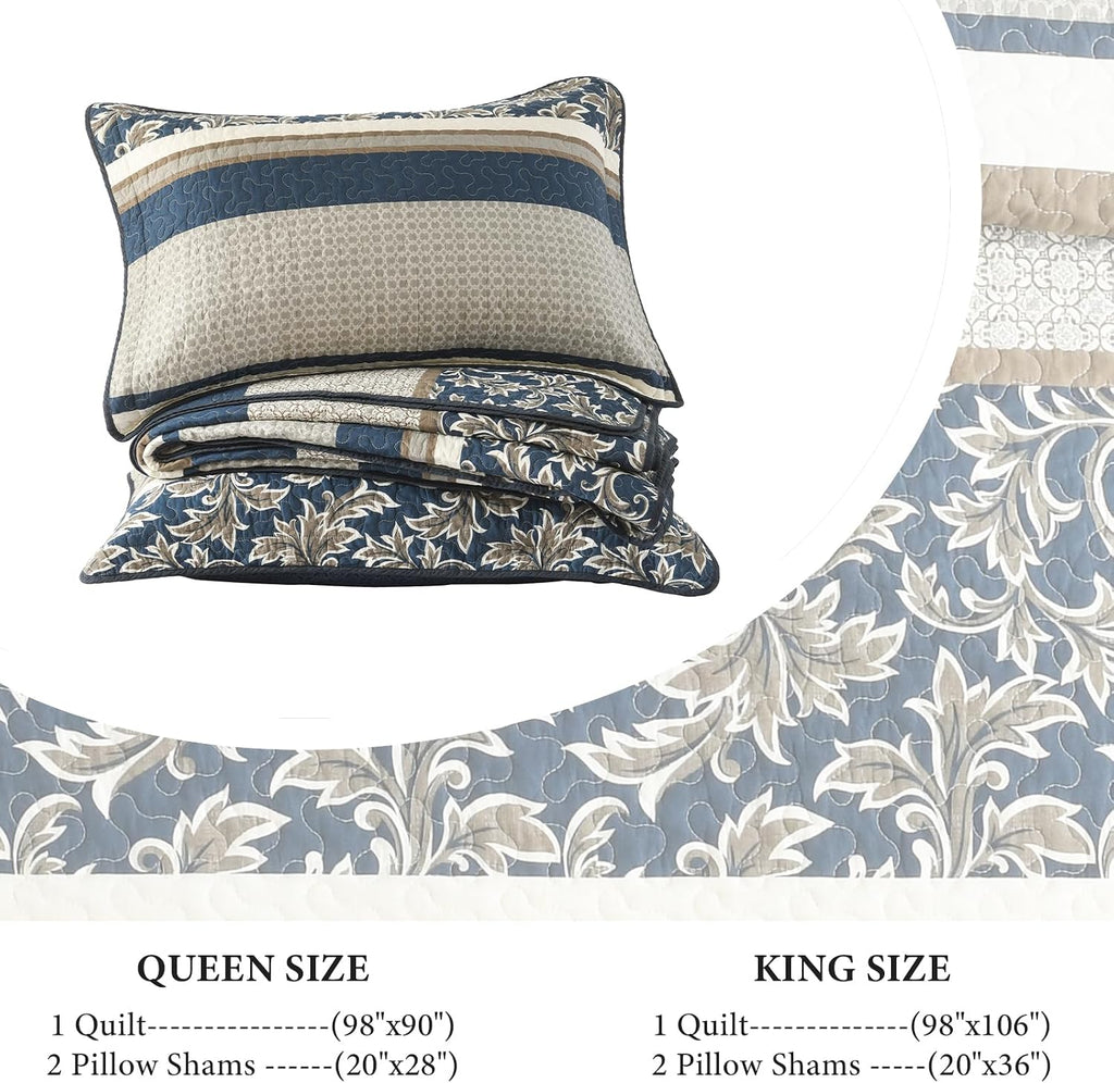 Uniclinens 100% Cotton Quilts Queen Size, Lightweight Botanical Striped Queen Quilt Bedding Set, Vintage Chic Reversible Quilted Bedspreads Coverlet Set, All Season, 3 Pieces, Navy Blue/Gray/Kharki