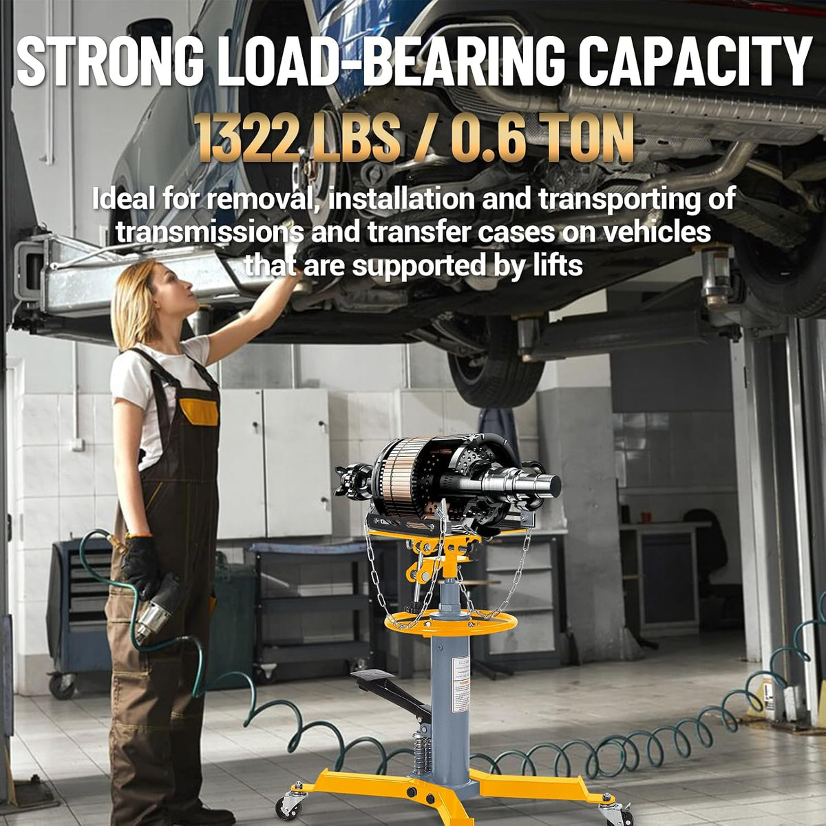 1322Lb Heavy Duty Transmission Jack, 33.5'-69' High Lift Hydraulic Telescoping Transmission Jack, 2-Stage Telescopic Transmission Stand with Foot Pedal & 360° Swivel Wheel, Yellow