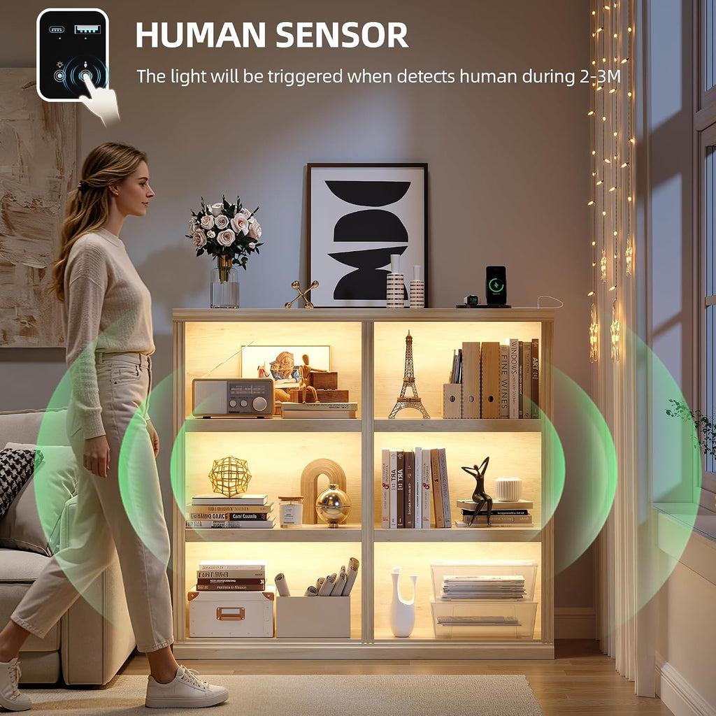 6-Cube LED Bookshelf with Motion Sensor Lights - USB Type-C Charging Module - Modern Cube Organizer Display Shelf 47.24 W x 43.31 H for Bedroom Living Room Apartment Home Office - Natural Wood