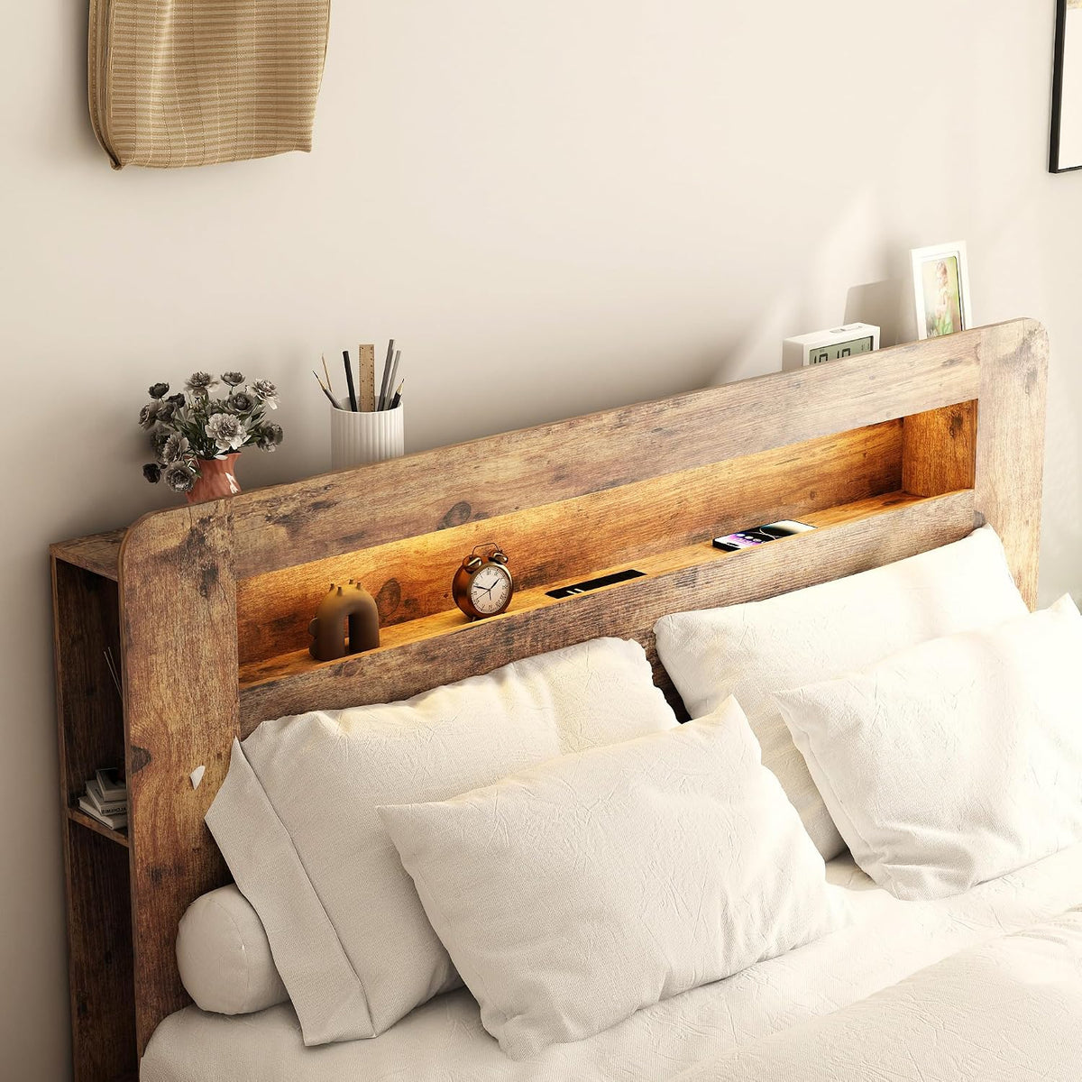 Ball & Cast Full Size Bed Frame with Storage Headboard,Wood Platform Full Bed with LED Light & USB Port,Noise Free,No Box Spring Needed,Easy Assembly,Dark Brown