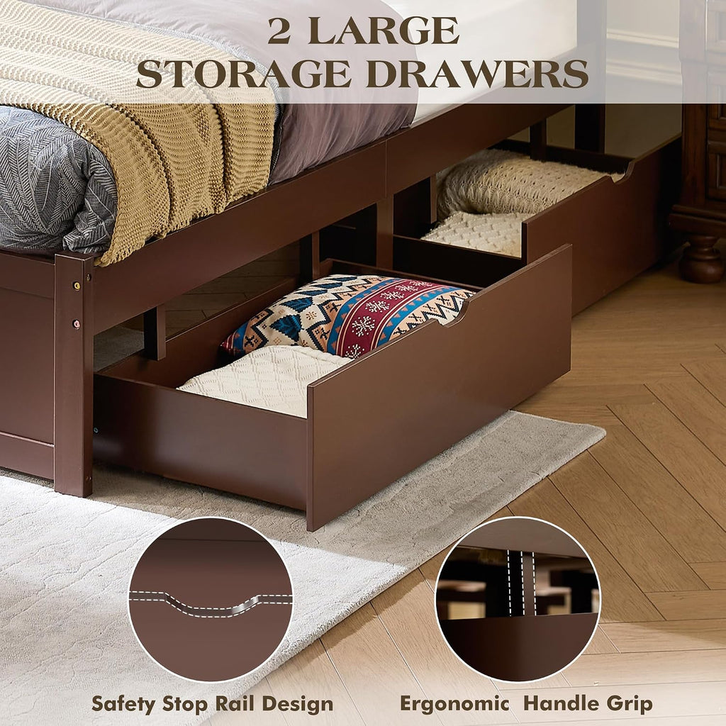 LUXOAK Full Size Solid Wood Bed Frame with Storage, Mid-Century Modern Platform Bed with 50' Headboard & 2 Drawers, No Box Spring Needed/Quiet Support/Easy Assembly/Espresso Brown Finish