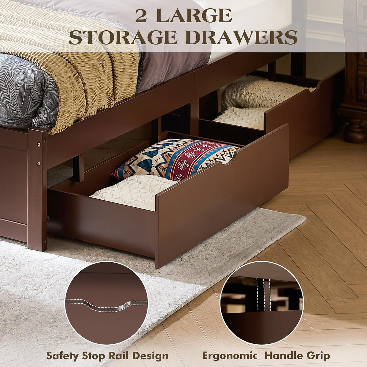 LUXOAK Full Size Solid Wood Bed Frame with Storage, Mid-Century Modern Platform Bed with 50' Headboard & 2 Drawers, No Box Spring Needed/Quiet Support/Easy Assembly/Espresso Brown Finish