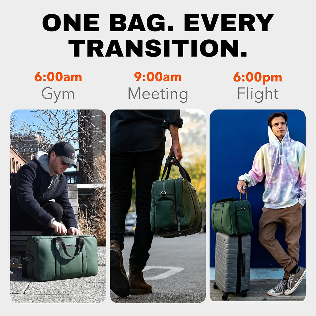 The FTL Pro Mens Travel Bag - 30L Premium Work to Gym Weekender Duffel with Garment Bag, Shoe Space & 18' Laptop Sleeve - Business Carry On Hybrid, Fits Under Airplane Seat - Abbot Green