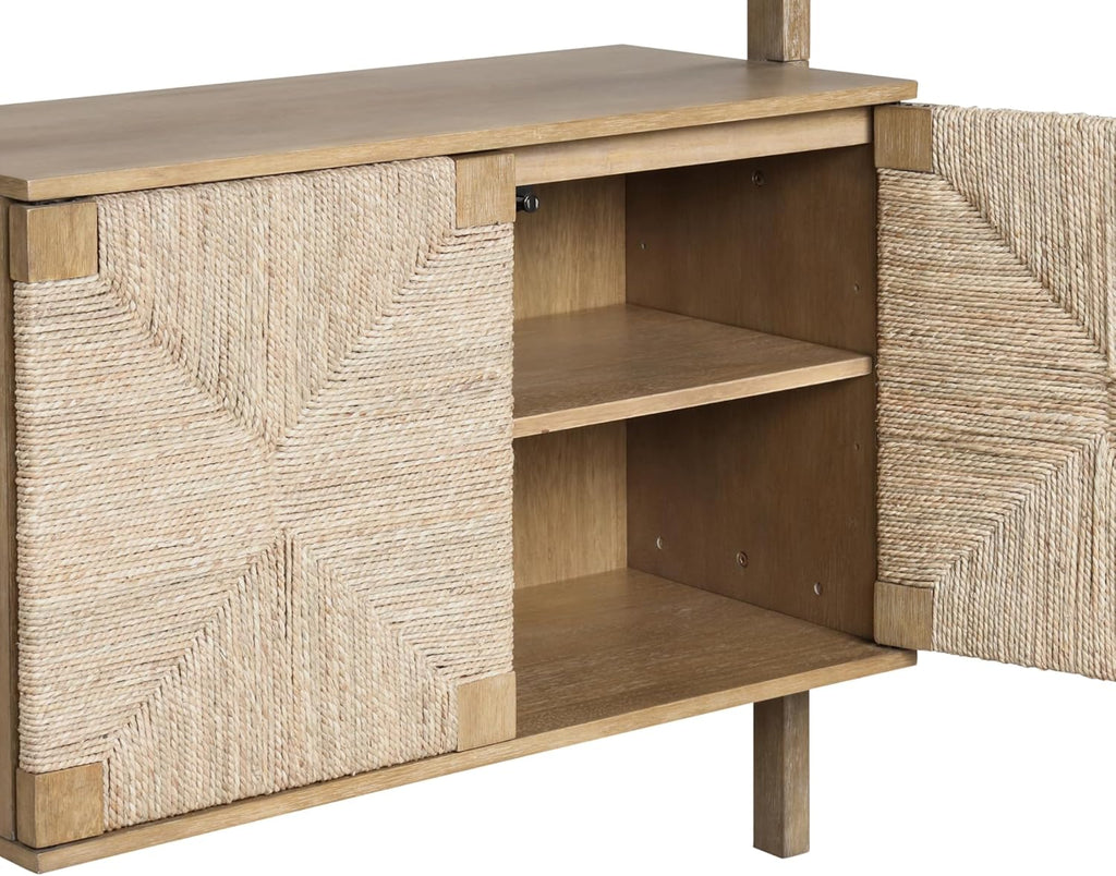 Nathan James Beacon 3-Shelf Solid Wood Bookshelf with Storage Cabinet, Bohemian Wall Mounted Shelf with Seagrass Door Fronts