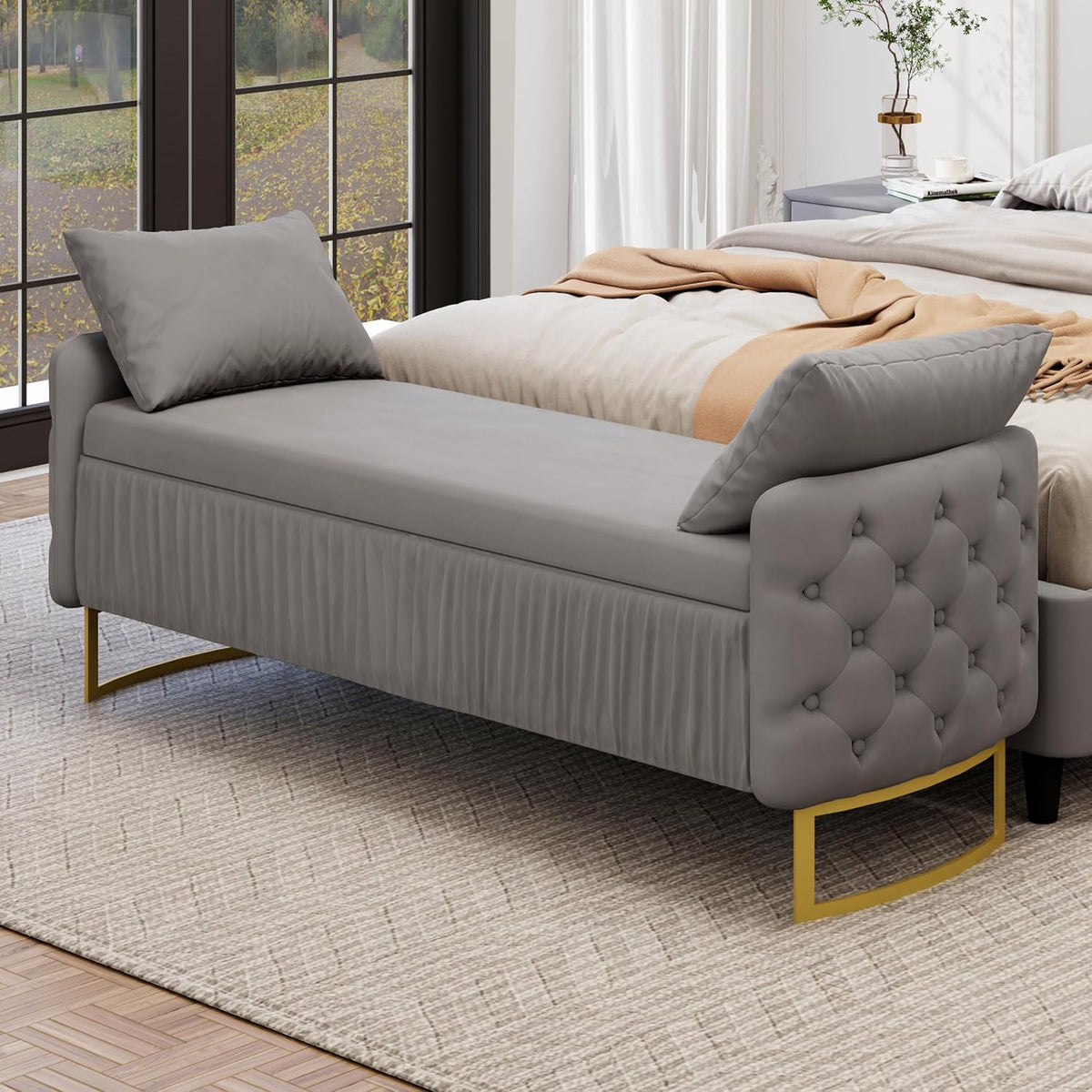 2-Pieces Bedroom Sets, King Size Tufted Velvet Upholstered Platform Bed with Storage Ottoman Bench for Kids Teens Adult Bedroom, Wood Slat Support, No Box Spring Needed (Gray-012)