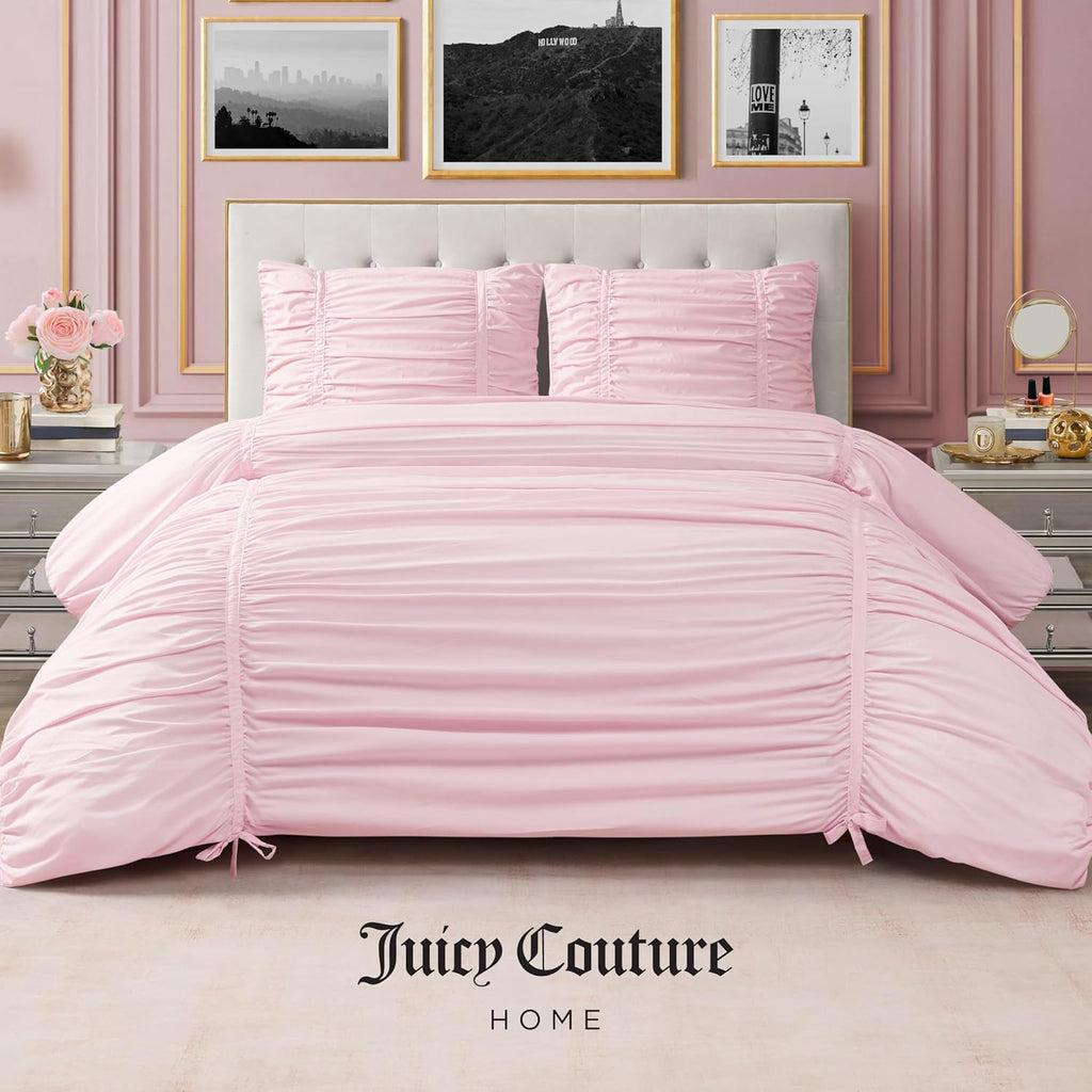 Juicy Couture Ribbon Ruched 3 Piece Full/Queen Comforter Set, Pink Marshmellow Bedding Ensemble
