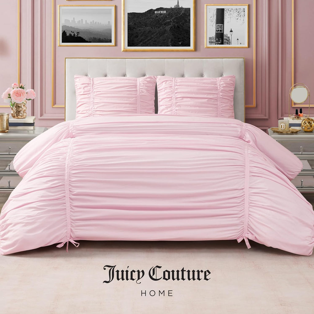 Juicy Couture Ribbon Ruched 3 Piece King Comforter Set, Pink Marshmellow Bedding Ensemble