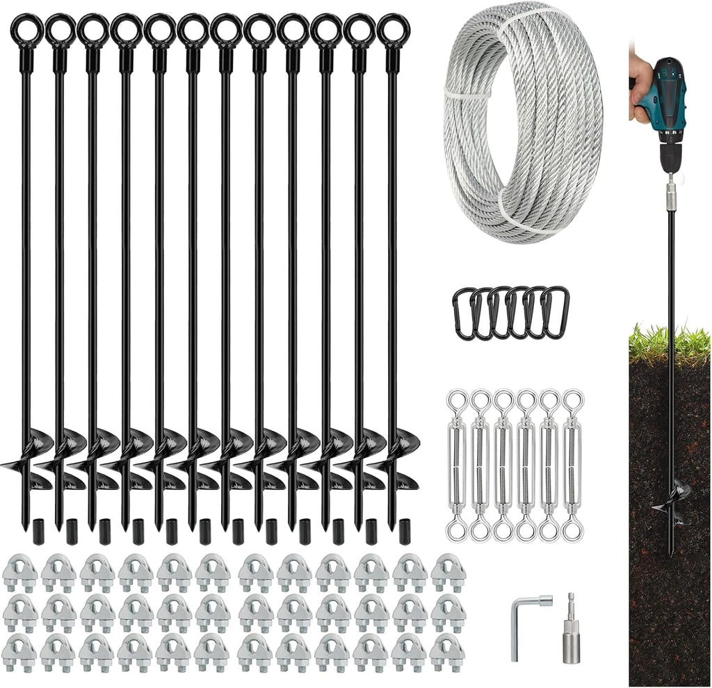 tinnmao 30'' Ground Anchors Kit Heavy Duty, Galvanized Steel Anchors with Cable & Turnbuckle, for Shed, Trailer, Mobile Home, Trampoline, Camping Tent, RV