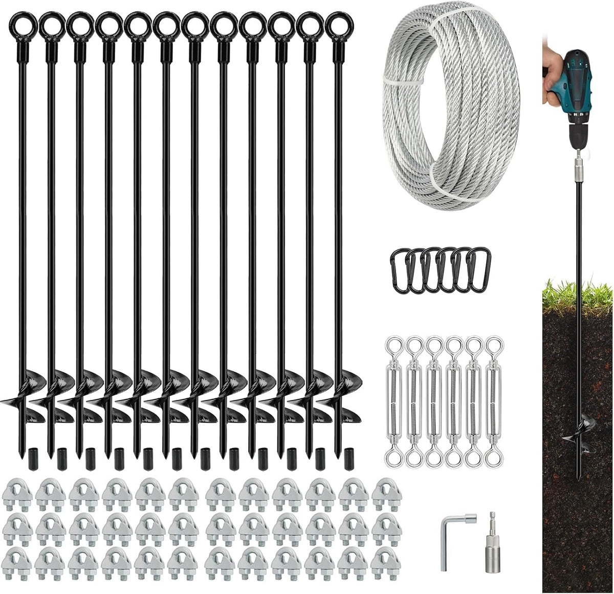 tinnmao 30'' Ground Anchors Kit Heavy Duty, Galvanized Steel Anchors with Cable & Turnbuckle, for Shed, Trailer, Mobile Home, Trampoline, Camping Tent, RV