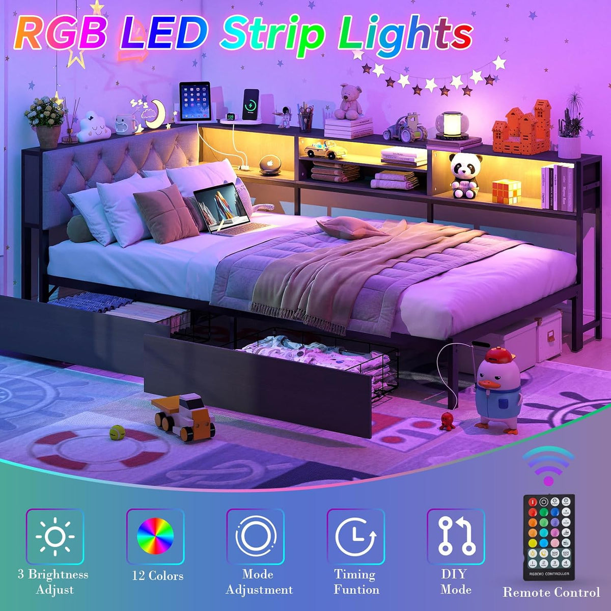 Doltoro Corner Bed Frame Twin XL with Storage Bookcase and Headboard, Platform Corner Bed with LED Lights and Charging Station, Twin XL Daybed with Storage Drawers for Kids Teens Guests, Dark Gray