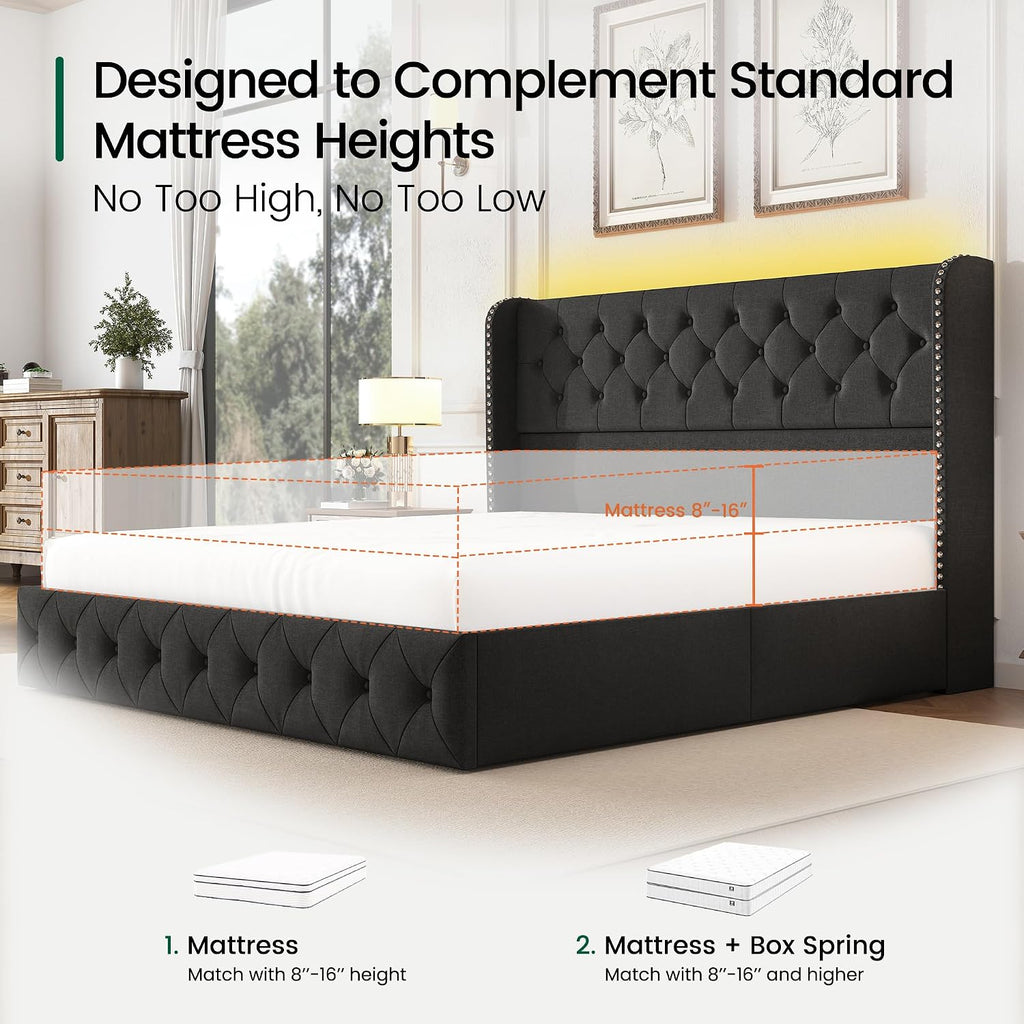 LARMACE King Size Bed Frame with LED Lights and 4 Storage Drawers Linen Upholstered Platform Bed Frame with 47.2' Tall Tufted Headboard Wingback, No Box Spring Needed, Easy to Assemble, Dark Grey