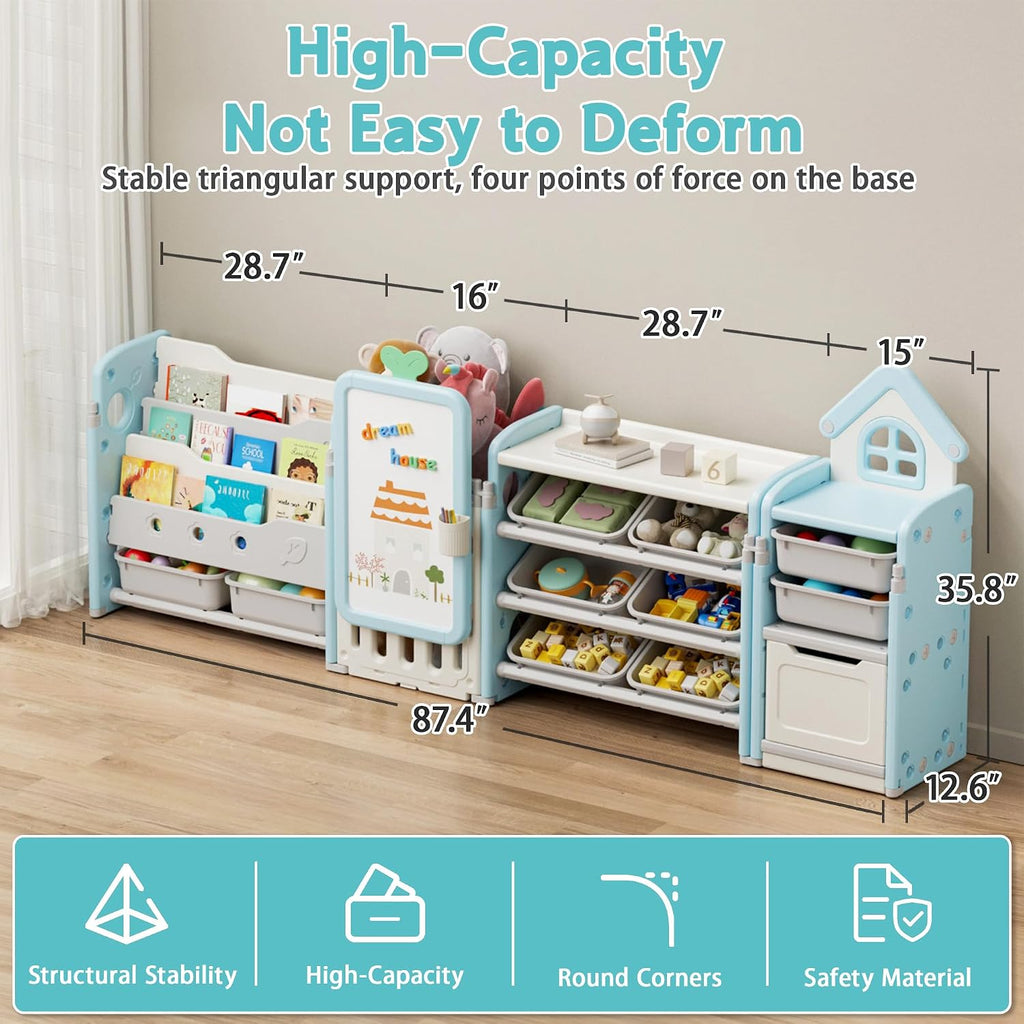 Kids Toy Storage Organizer with 10 Removable Bins, Foldable Toy Organizers and Storage with 3-Tier Bookshelf for Kids Toy Storage Organizer with Drawing Board, Extra 3 Brushes (4 In 1 Light Blue)