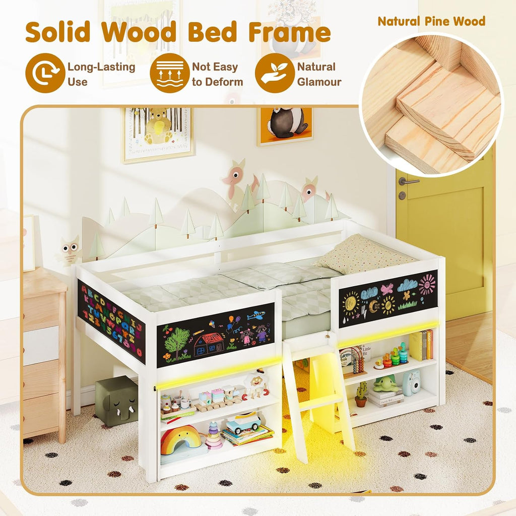 Giantex Low Loft Bed with LED Lights, Wooden Twin Size Loft Bed with Ladder & Blackboard, Twin Bed Frames for Kids with Storage 2 Bookcases and Play Space, White