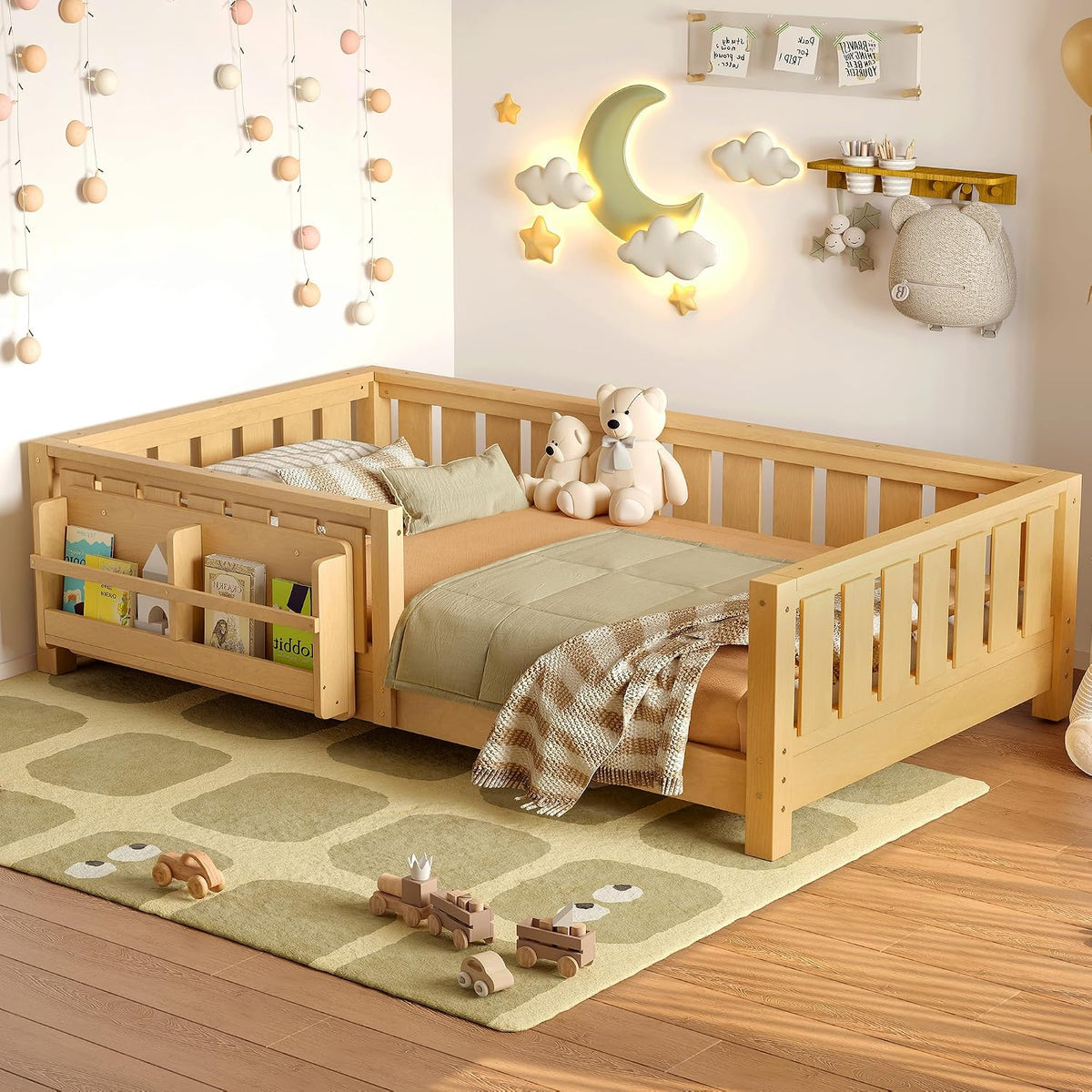 Bellemave Twin Floor Bed with Slats and Safety Guardrail, Twin Size Montessori Floor Bed with Fence and Built-in Bookshelf, Easy Assemble Montessori Beds for Kids, Girls, Boys, Light Natural