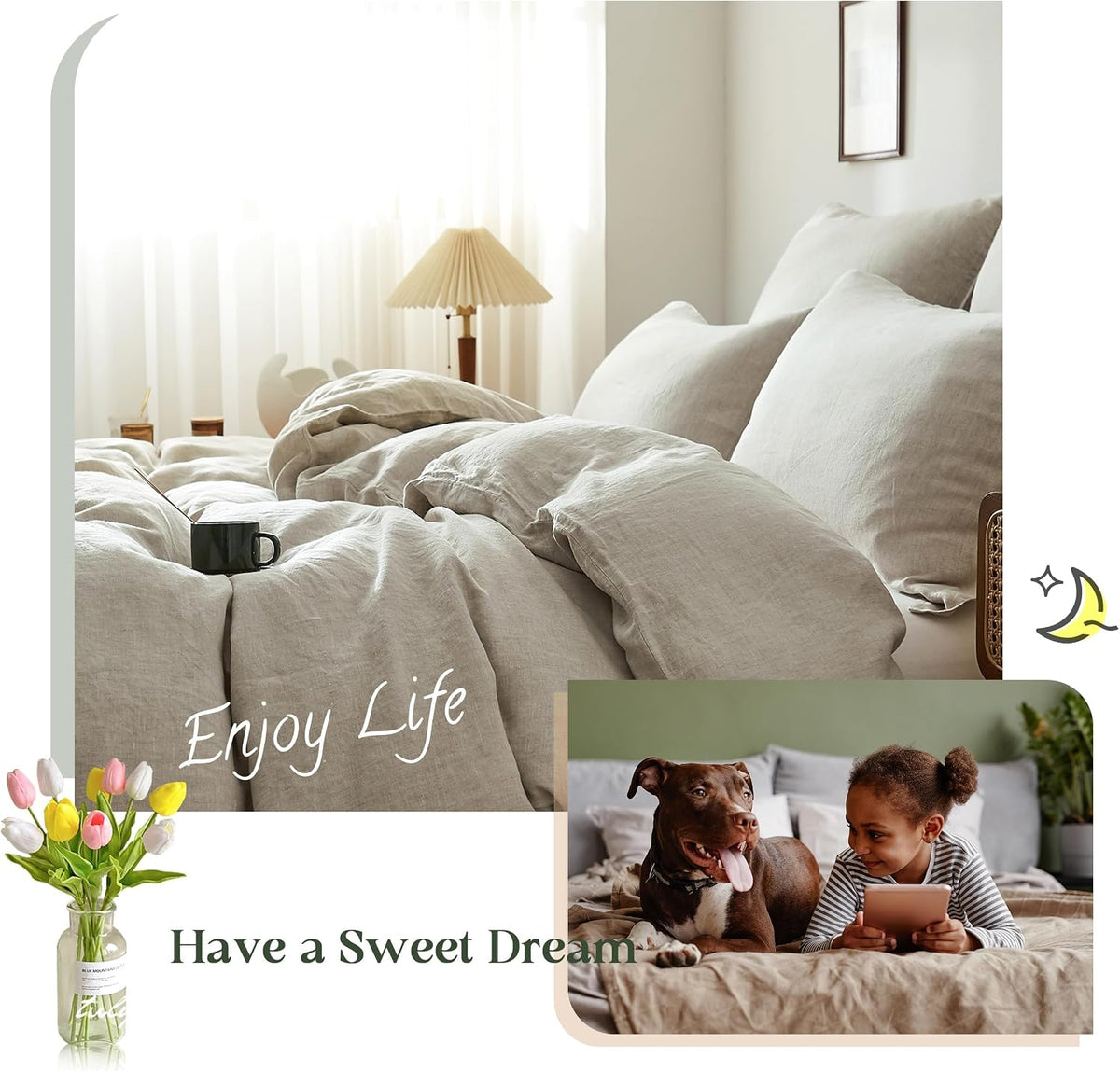Simple&Opulence 100% Linen Duvet Cover Set, 3 PCS Natural French Flax Linen Duvet Cover Full Size, Breathable Soft Comfy Linen Bedding Comforter Cover with 2 Pillowcases