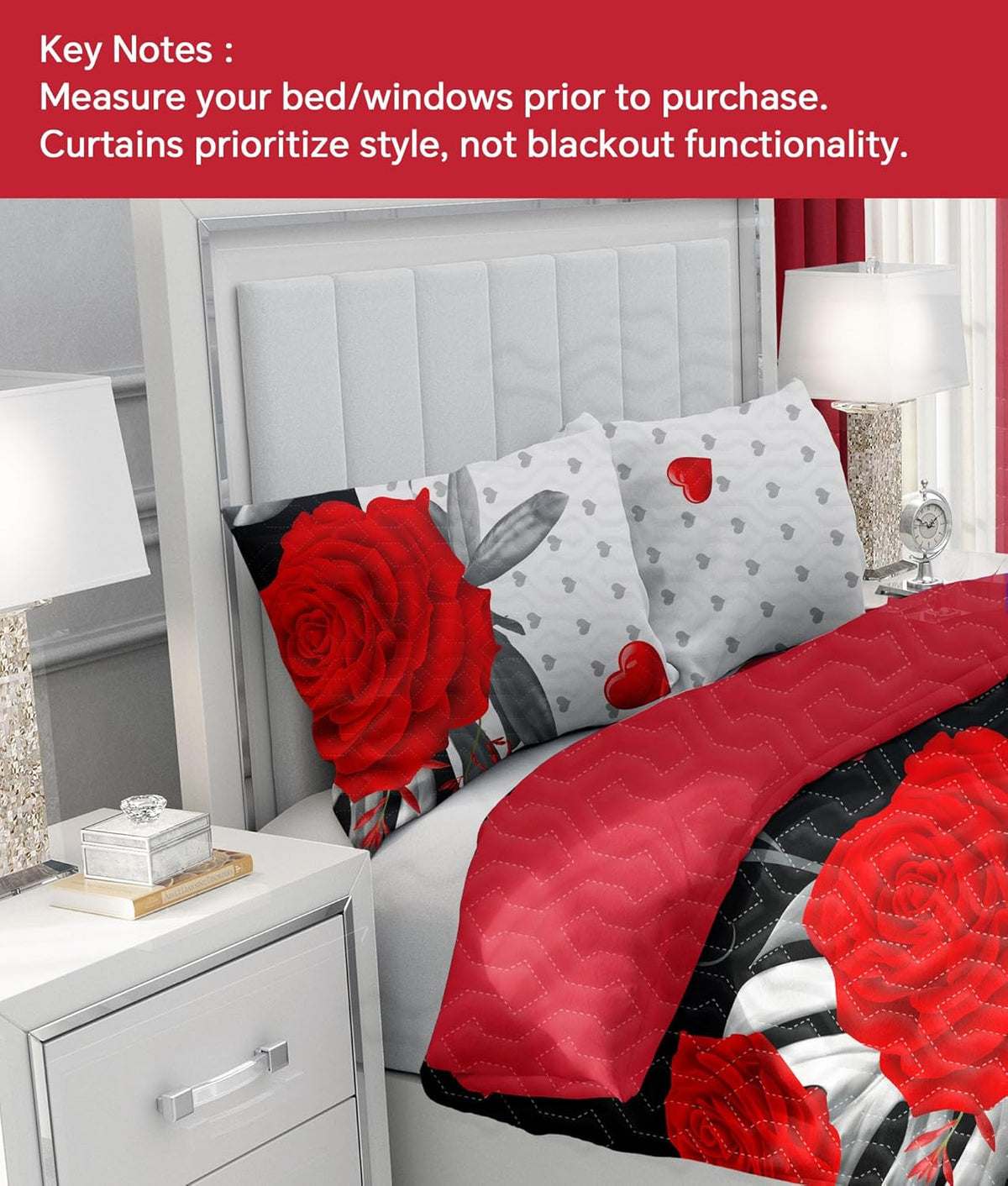 9 pcs Cal King Bed in a Bag with Curtains | Boho Red Rose Bedspread, Pillowcases, Print & Solid Curtains | Microfiber, Moisture-Wicking | Bedspread and Curtain Sets | RV & Outdoor Ready