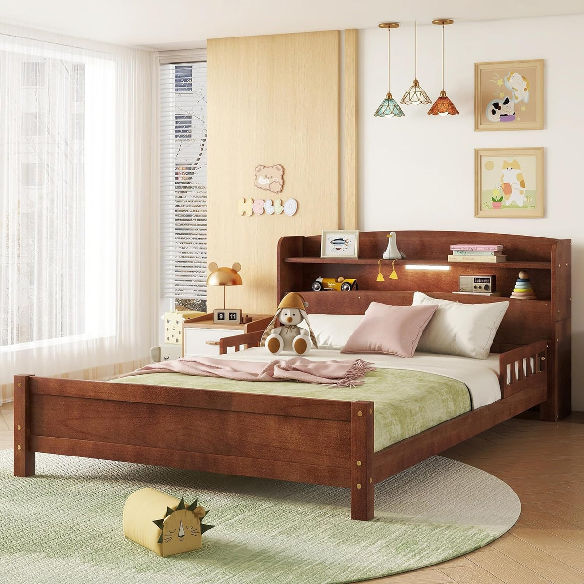Full Size Kids Bed, Wood Kids Bed with Storage Bookcase & Headboard, Beds Frames with Rails & LED Motion Sensor Light, for Boys and Girls, Walnut