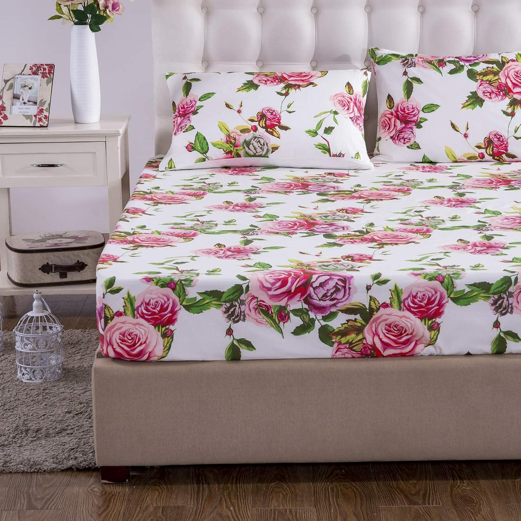 DaDalogy Bedding 10-Pieces Floral Bed in a Bag Set - Romantic Roses Lovely Blooming Pink Bedspread Fitted & Flat Sheets Set w/Throw Euro Sham Pillow Covers & Window Curtain Valance - Twin Size