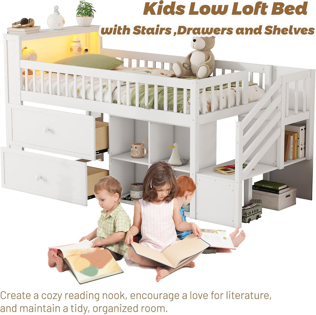 Low Loft Bed with LED Lights and Bookshelf, Wooden Kids Loft Bed with Stairs and Safety Guardrail, Low Loft Bed Twin with 2 Storage Drawers and Shelves for Girls Boys ,No Box Spring Needed, White
