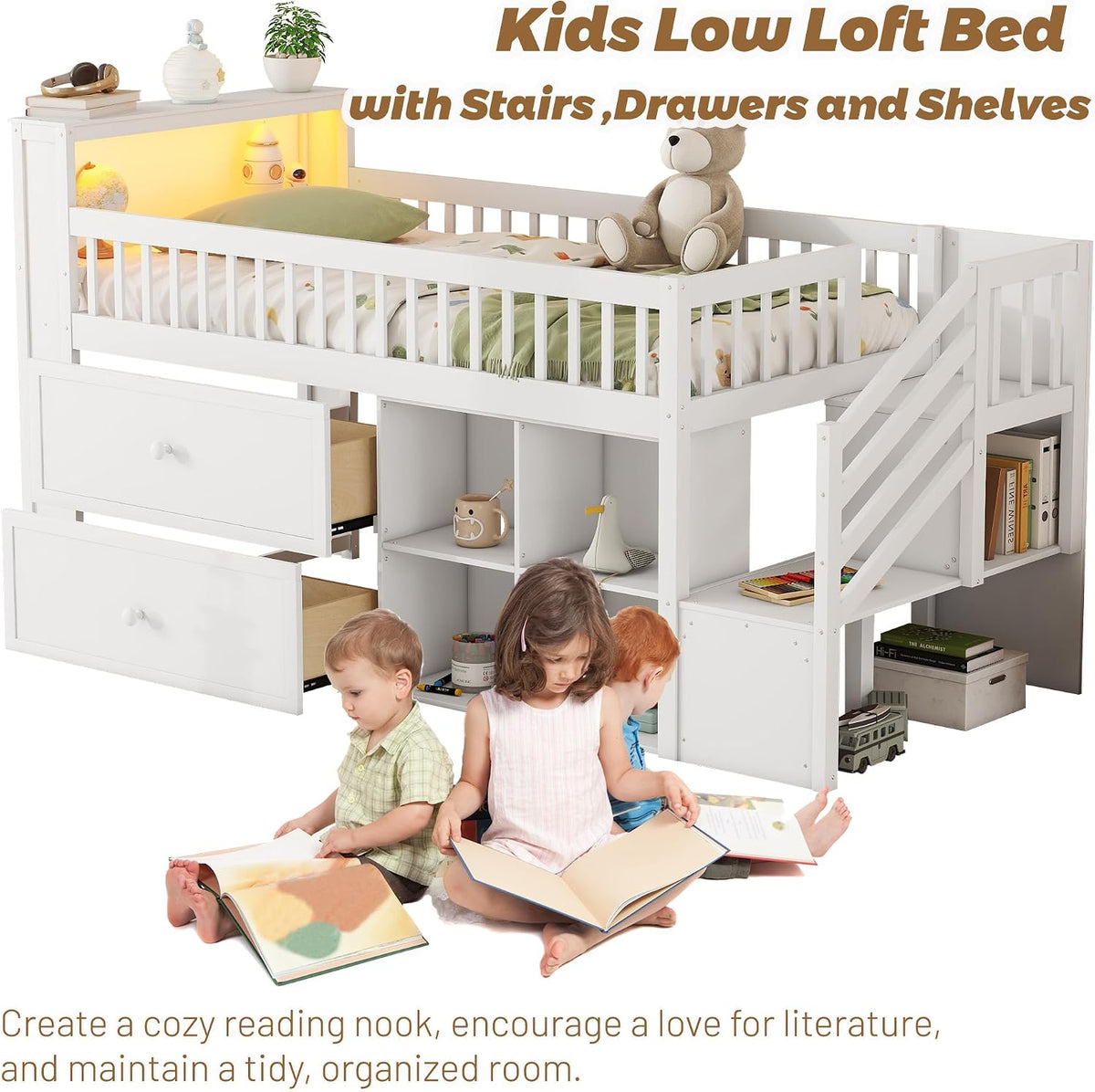 Low Loft Bed with LED Lights and Bookshelf, Wooden Kids Loft Bed with Stairs and Safety Guardrail, Low Loft Bed Twin with 2 Storage Drawers and Shelves for Girls Boys ,No Box Spring Needed, White