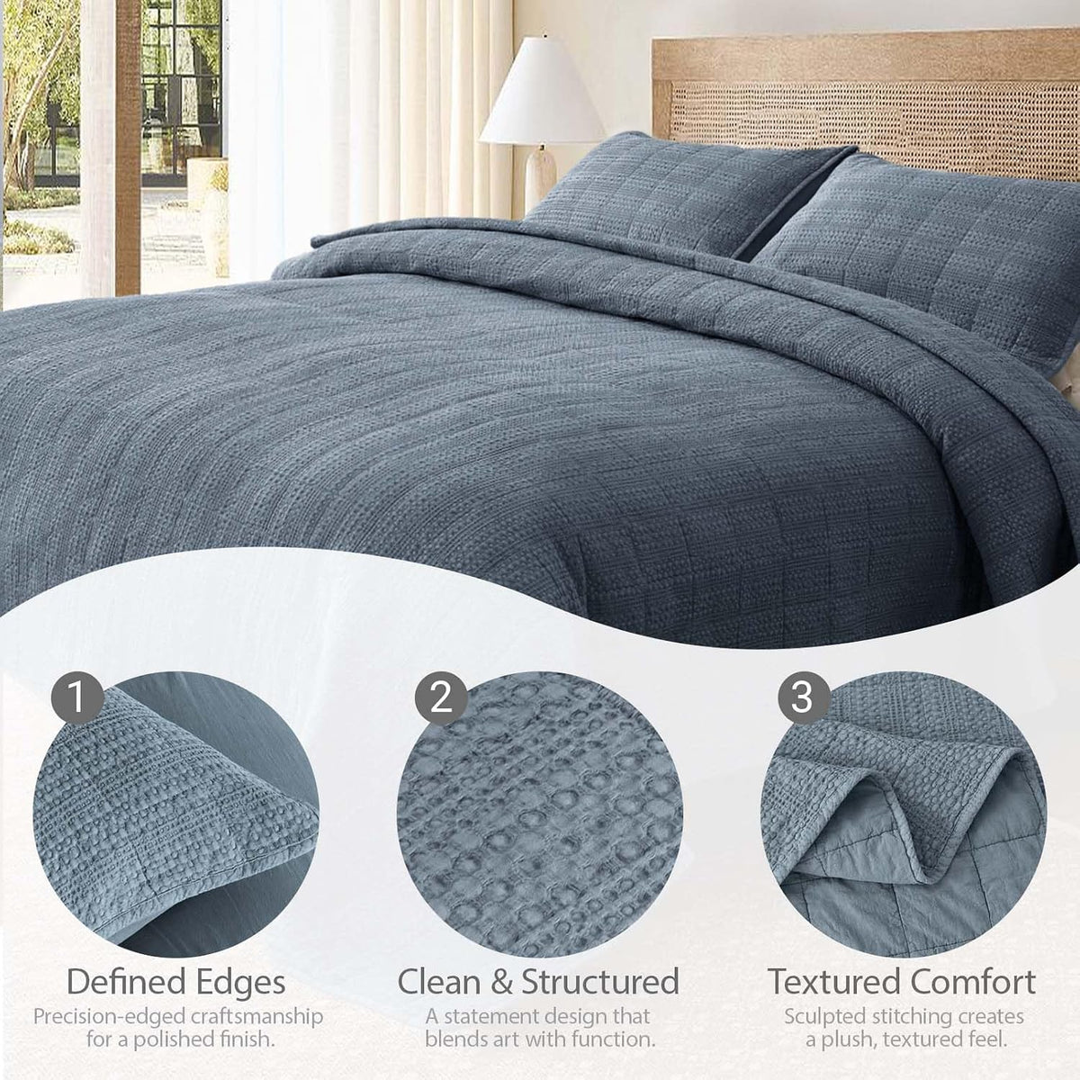 90x92 Queen Size Quilt Set with Pillow Shams Quilted Bedding Cover Ultra Soft Bedspread 3 Pieces Lightweight Soft Blanket for Home Decor,Gray Blue