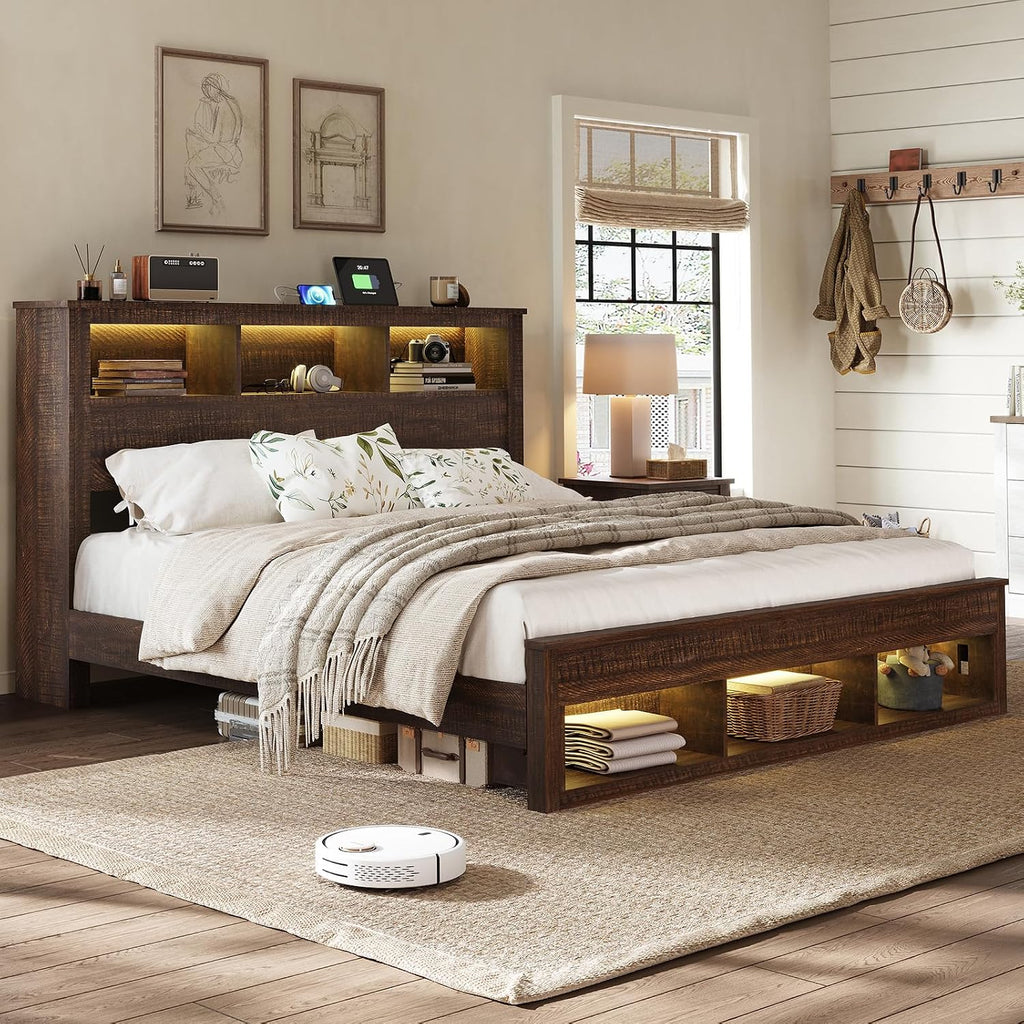 Albott Farmhouse Full Size Bed Frame with Storage/Bookcase Headboard & Footboard, Wood Platform Bed with LED Lights/Charging Station, Heavy-Duty Metal Support/No Box Spring Needed/Noise-Free, Brown