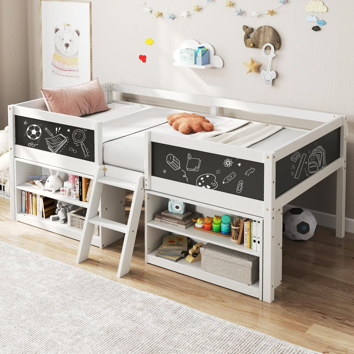 Giantex Low Loft Bed Twin Size, Wooden Loft Bed with Ladder & Blackboard, Twin Bed Frames for Kids with Storage 2 Bookcases and Play Space, White