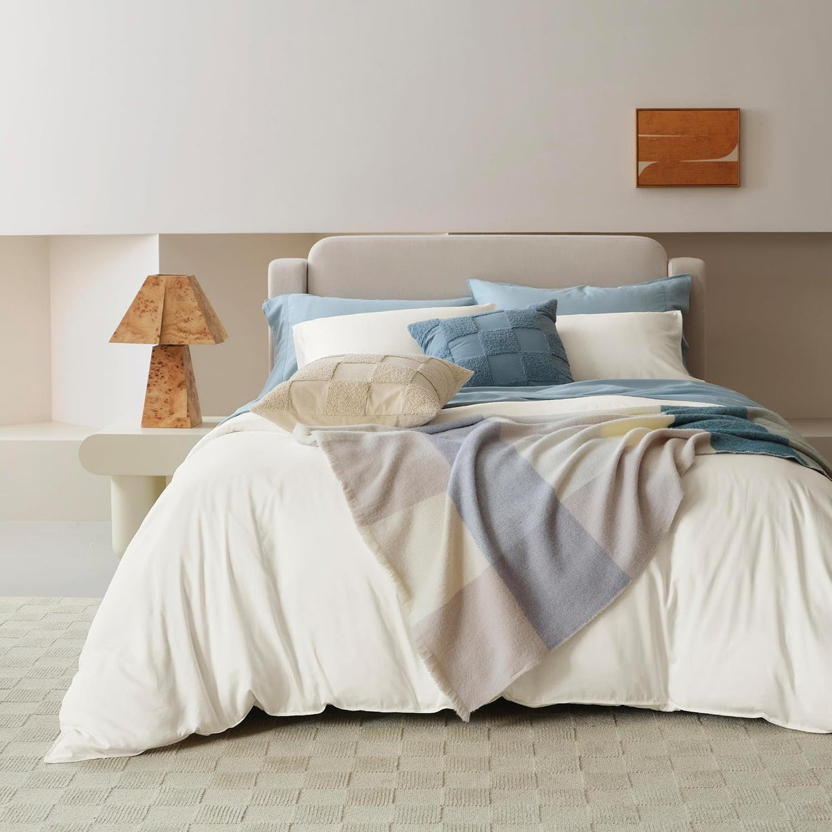 Double Stitch Cotton Tencel Duvet Cover - Queen Size Comforter Cover, Luxury & Soft Eucalyptus Lyocell Bedding Set for Hot Sleepers, Cooling, Smooth & Breathable, Button Closure, Cream, 90'x90'