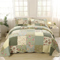 vctops Boho Patchwork Cotton Quilted Bedspread Quilt Set King Size 3 Pieces Soft Reversible Lightweight Coverlet Set Floral Print 1 Quilt and 2 Pillow Shams (Green D,King)