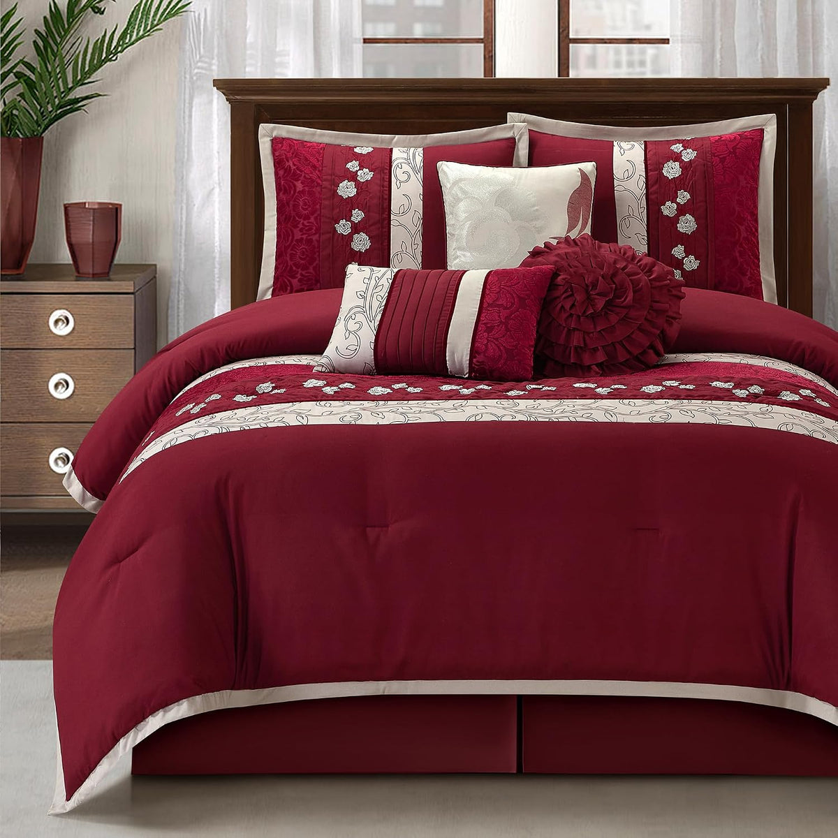 LANCO MODERN LIFESTYLE Wine Comforter Set Queen Size, 7 Piece Bedding Set for All Seasons, Elegant Microfiber Embroidery Floral, Bedskirt, Shams and Decor Pillows