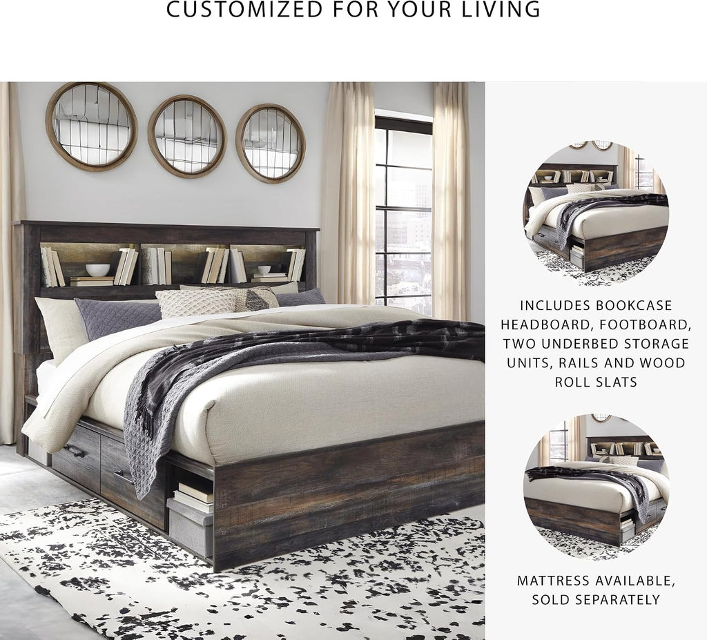 Signature Design by Ashley Drystan Rustic King Bookcase Bed with 4 Storage Drawers, Open Cubbies and LED Light, Foundation or Box Spring Not Needed, Dark Brown & Gray
