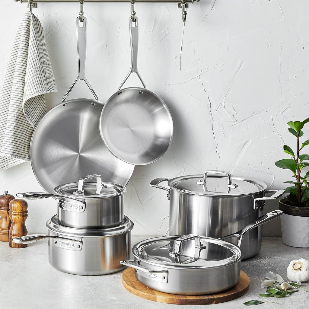 Demeyere Essential 5-ply, 18/10 Stainless Steel, Stay Cool Handle, Oven Safe, Compatible with all Cooktops, Perfect Pour Edge, 10-pc Cookware Set