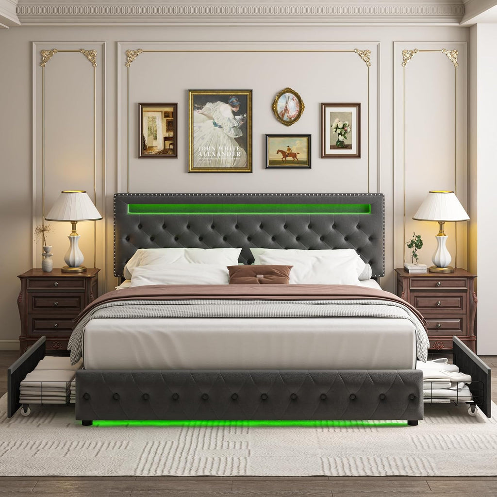 Full LED Bed Frame with 4 Drawers, Platform Bed with Headboard, Adjustable Upholstered Diamond Headboard and Frame, No Box Spring Needed, Wooden Slats Support, Velvet Gray