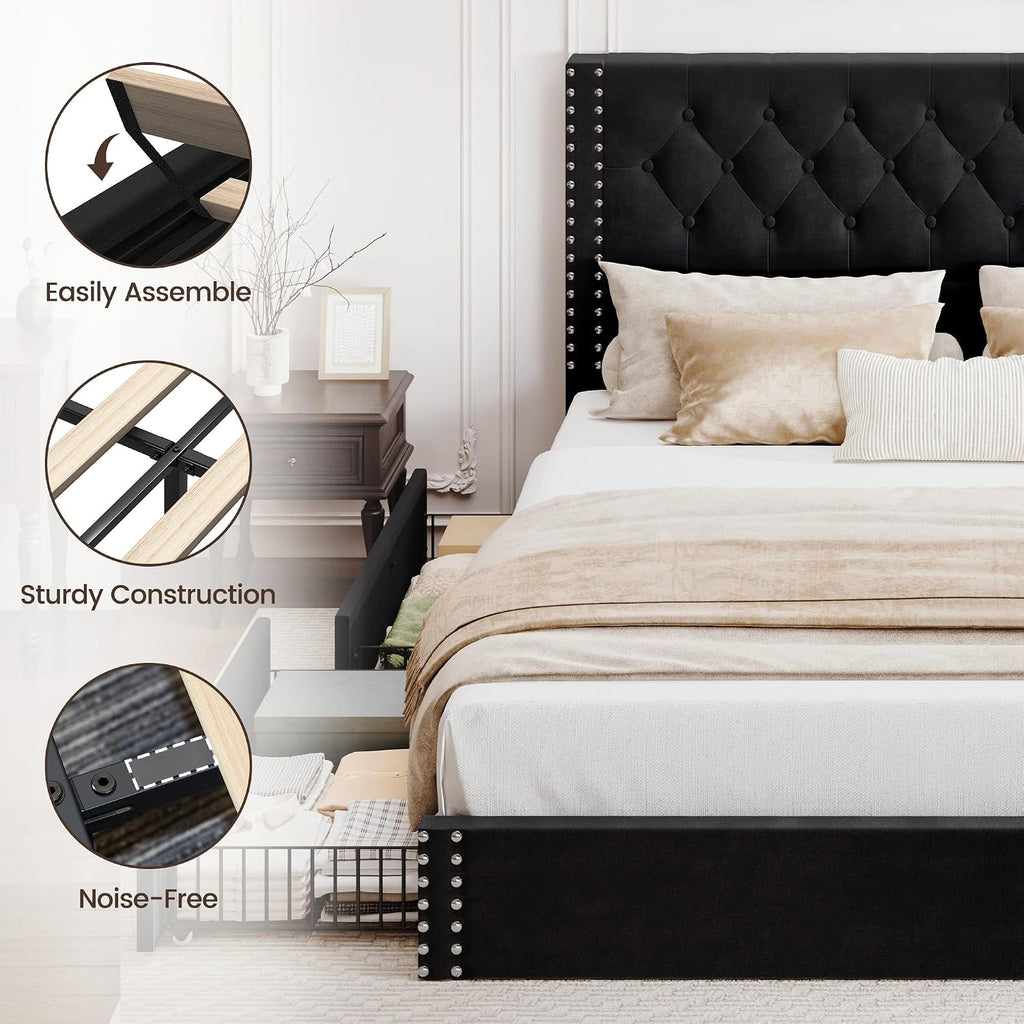 BRELTAM King Size Bed Frame with 4 Storage Drawers and Tufted Headboard Velvet Upholstered Platform Bed Frame with Heavy Duty Wood Slats, No Box Spring Needed, Black