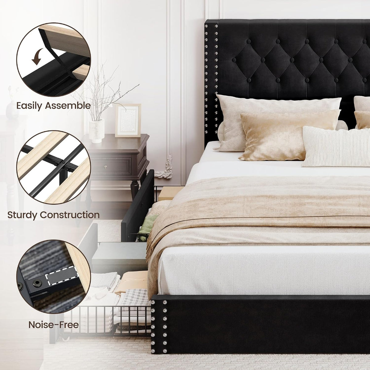 BRELTAM King Size Bed Frame with 4 Storage Drawers and Tufted Headboard Velvet Upholstered Platform Bed Frame with Heavy Duty Wood Slats, No Box Spring Needed, Black
