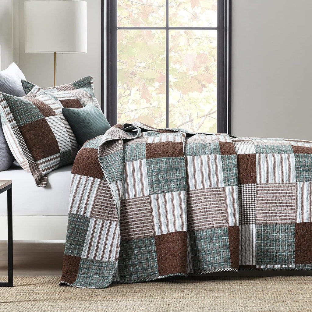 Finlonte Quilt King Size - 100% Cotton King Size Comforter Set Brown Green White Plaid Farmhouse Quilt Bedding Set, Reversible Lightweight Soft Bedspread, Quilted Coverlet All-Season, 3-Piece
