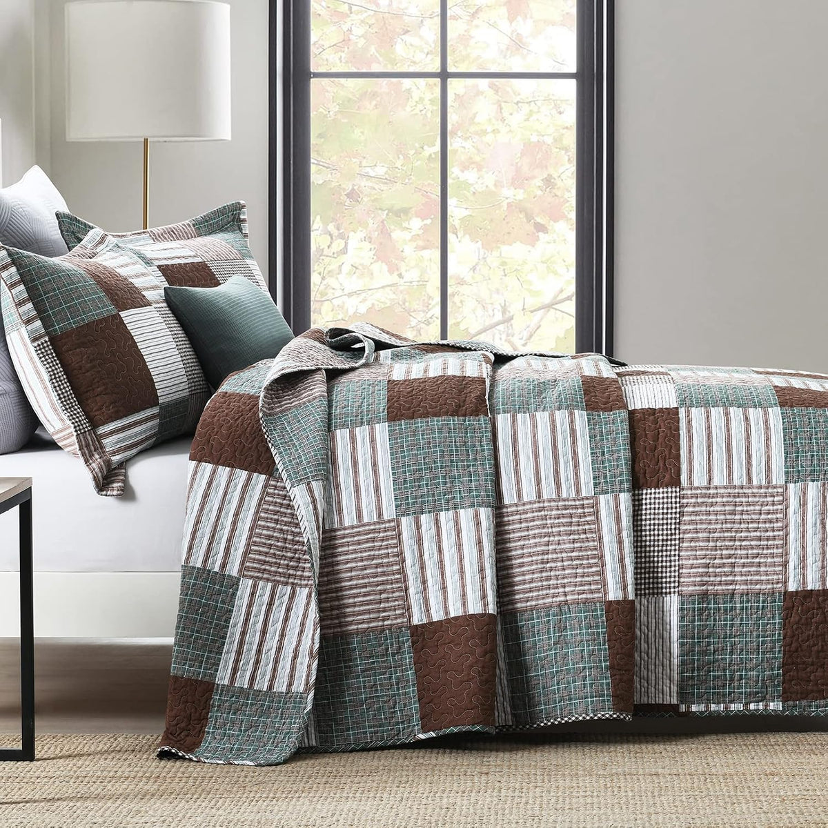 Finlonte Quilt King Size - 100% Cotton King Size Comforter Set Brown Green White Plaid Farmhouse Quilt Bedding Set, Reversible Lightweight Soft Bedspread, Quilted Coverlet All-Season, 3-Piece