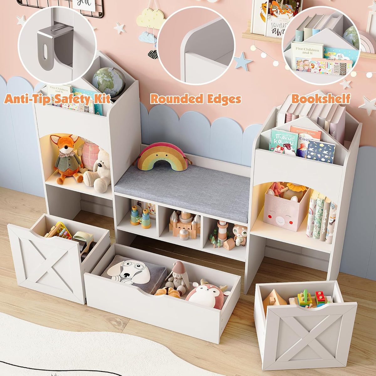 Vabches 54.3'' Kids Bookshelf with Reading Nook, Toy Storage Organizer with Seat Cushion, LED Lights and 3 Movable Drawers, Castle-Shaped Bookcase with Bench for Playroom, Nursery, Bedroom (White)