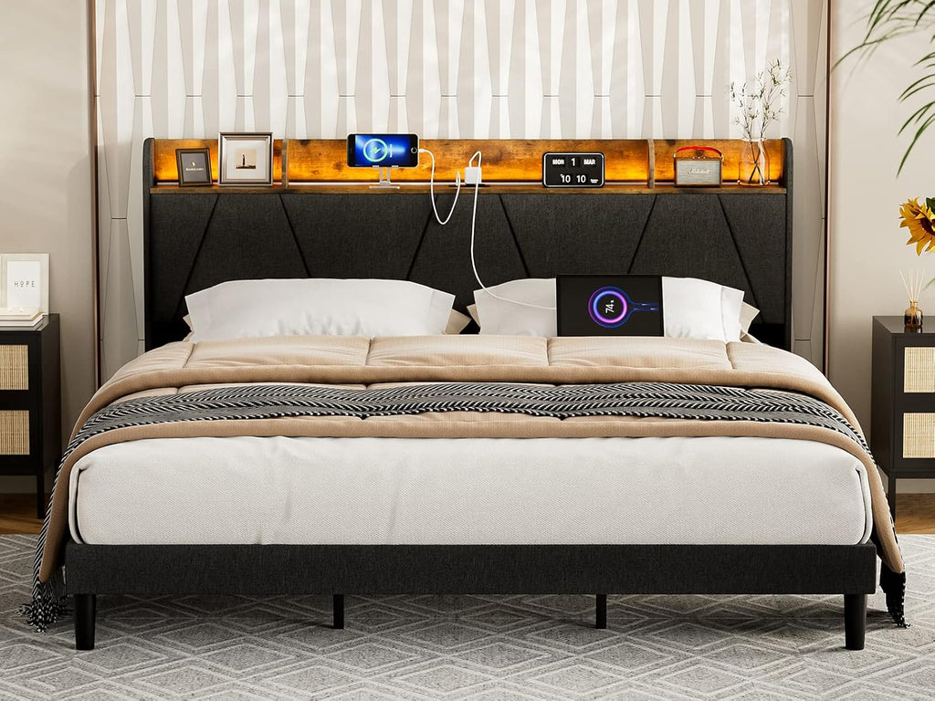 IKIFLY King Bed Frame with Charging Station & Storage Shelf, Upholstered LED Platform Bed Frame, Solid Wood Slats, No Box Spring Needed, Black